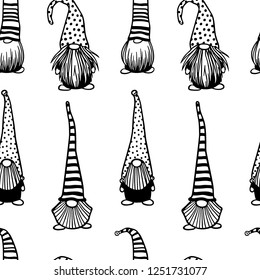Vector seamless pattern with hand drawn cute nisse in patterned high caps. Ink drawing, funny illustration, beautiful Christmas design elements. 