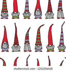 Vector seamless pattern with hand drawn cute nisse in striped high cap. Ink drawing, funny illustration, beautiful Christmas design elements.