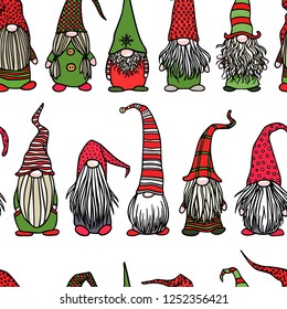 Vector seamless pattern with hand drawn cute nisse in striped high cap. Ink drawing, funny illustration, beautiful Christmas design elements.