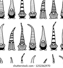 Vector seamless pattern with hand drawn cute nisse in patterned high caps. Ink drawing, funny illustration, beautiful Christmas design elements.
