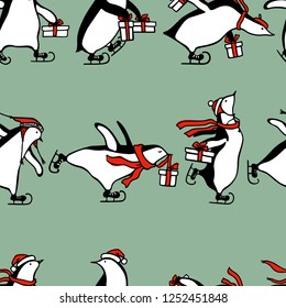 Vector seamless pattern with hand drawn cute penguins in red scarfs skating on ice with gift boxes. Ink drawing; funny illustration; beautiful holidays design elements.
