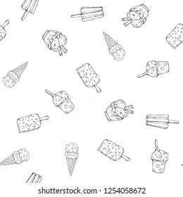 Vector seamless pattern with hand drawn Ice cream. Detailed retro style image. Vintage sketch element for labels, packaging and cards design. Modern background. Engraved style illustration.