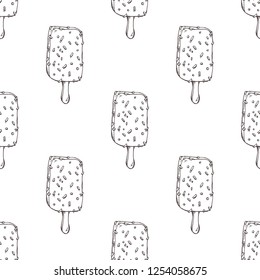 Vector seamless pattern with hand drawn Ice cream. Detailed retro style image. Vintage sketch element for labels, packaging and cards design. Modern background. Engraved style illustration.