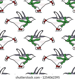 Vector seamless pattern with hand drawn cute penguins skating on ice in green scarf. Ink drawing, funny illustration, beautiful animal design elements.