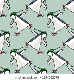 Vector seamless pattern with hand drawn cute penguins skating on ice. Ink drawing, funny illustration, beautiful animal design elements.