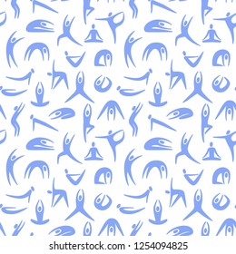 Vector seamless pattern with hand drawn yoga asanas.