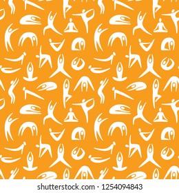 Vector seamless pattern with hand drawn yoga asanas.