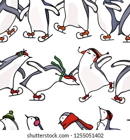 Vector seamless pattern with hand drawn cute penguins skating on ice. Ink drawing, funny illustration, beautiful animal design elements.