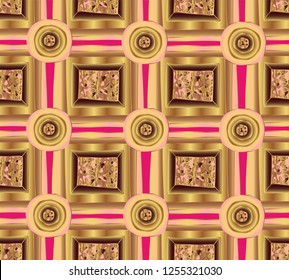 Vector seamless pattern hand drawn gradient neon pink rectangles and circles with a metallic finish and abstract ornament in the middle. Background for design, cover page, wall decor, banner, card.