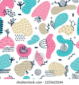 Vector seamless pattern with hand drawn abstract shapes. Spotted and textured figures. Unique design. Creative background. Applique. Freehand style. Wallpaper, textile, wrapping, print on clothes