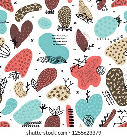 Vector seamless pattern with hand drawn abstract shapes. Spotted and textured figures. Unique design. Creative background. Applique. Freehand style. Wallpaper, textile, wrapping, print on clothes