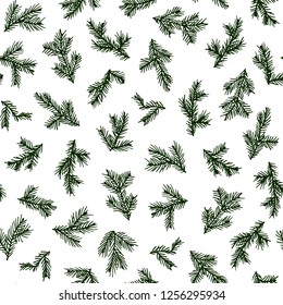 Vector seamless pattern with hand drawn pine twigs. Ink drawing, graphic style, beautiful Christmas and New Year design element