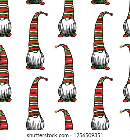 Vector seamless pattern with hand drawn cute nisse in striped high cap. Ink drawing, funny illustration, beautiful Christmas design elements.