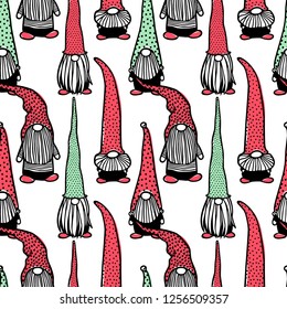 Vector seamless pattern with hand drawn cute nisse in striped high cap. Ink drawing, funny illustration, beautiful Christmas design elements.
