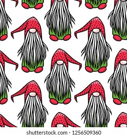 Vector seamless pattern with hand drawn cute nisse in striped high cap. Ink drawing, funny illustration, beautiful Christmas design elements.