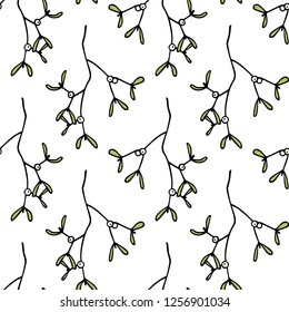 Vector seamless pattern with hand drawn mistletoe twigs. Ink drawing, graphic style, beautiful Christmas and New Year design element