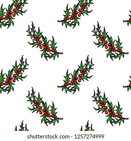 Vector seamless pattern with hand drawn holly twigs. Ink drawing, graphic style, beautiful Christmas and New Year design element