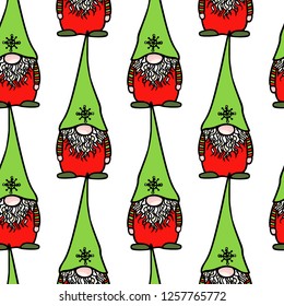 Vector seamless pattern with hand drawn cute nisse in striped high cap. Ink drawing, funny illustration, beautiful Christmas design elements.