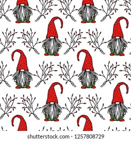 Vector seamless pattern with hand drawn cute nisse in red high cap in barberry laurel. Ink drawing, funny illustration, beautiful Christmas design elements.