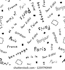 Vector seamless pattern with hand drawn French words such as je t’aime, Paris, bonjour, mon amour, bon voyage, tour Eiffel, France, oh la la