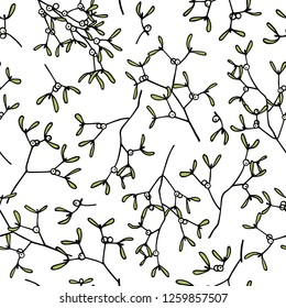 Vector seamless pattern with hand drawn mistletoe twigs. Ink drawing, graphic style, beautiful Christmas and New Year design element