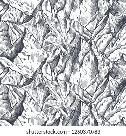 Vector seamless pattern with hand drawn graphic mountain ranges. Nature landscape. Black and white outdoor camping background