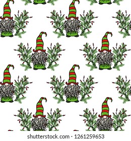 Vector seamless pattern with hand drawn cute nisse in red high cap in barberry and pine laurel. Ink drawing, funny illustration, beautiful Christmas design elements.
