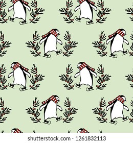 Vector seamless pattern with hand drawn cute penguins skating on ice in striped scarfs in floral wreath. Ink drawing, funny illustration, beautiful animal design elements.