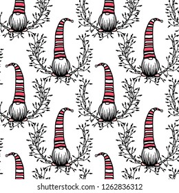 Vector seamless pattern with hand drawn cute nisse in striped high cap in barberry laurel. Ink drawing, funny illustration, beautiful Christmas design elements.