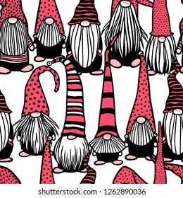 Vector seamless pattern with hand drawn cute nisse in striped high cap. Ink drawing, funny illustration, beautiful Christmas design elements.