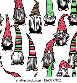 Vector seamless pattern with hand drawn cute nisse in striped high cap. Ink drawing, funny illustration, beautiful Christmas design elements.