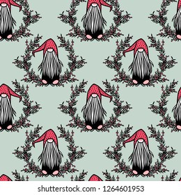 Vector seamless pattern with hand drawn cute nisse in striped high cap in barberry laurel. Ink drawing, funny illustration, beautiful Christmas design elements.