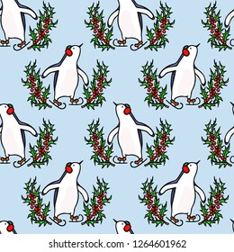 Vector seamless pattern with hand drawn cute penguins skating on ice in holly wreath. Ink drawing, funny illustration, beautiful animal design elements.