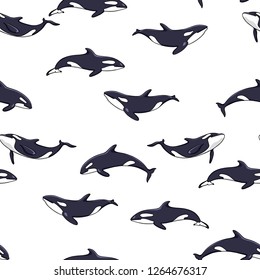 Vector seamless pattern with hand drawn killer whales. Beautiful ink drawing, heavy contour. Perfect for prints and patterns