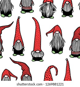 Vector seamless pattern with hand drawn cute nisse in red high cap. Ink drawing, funny illustration, beautiful design elements.