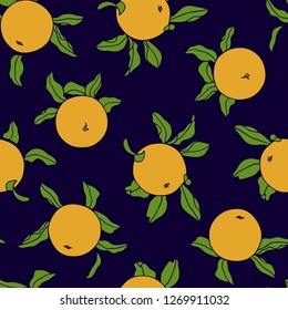 Vector seamless pattern with  hand drawn yellow apples on deep blue background. Beautiful food design elements.