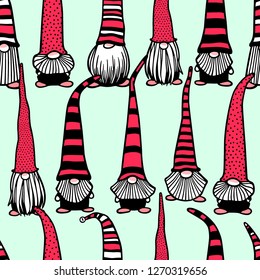 Vector seamless pattern with hand drawn cute nisse in red high cap. Ink drawing, funny illustration, beautiful design elements.