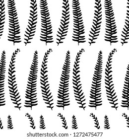 Vector seamless pattern with hand drawn black fern leaves. Ink drawing, beautiful floral design elements.