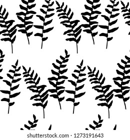 Vector seamless pattern with hand drawn black fern leaves. Ink drawing, beautiful floral design elements.