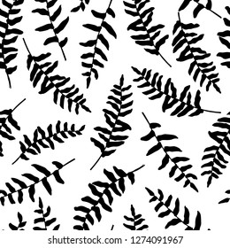 Vector seamless pattern with hand drawn black fern leaves. Ink drawing, beautiful floral design elements.