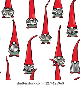 Vector seamless pattern with hand drawn cute nisse in red high caps. Ink drawing, funny illustration, beautiful design elements.