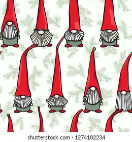 Vector seamless pattern with hand drawn cute nisse in red high caps on pine twigs background. Ink drawing, funny illustration, beautiful design elements.