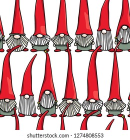 Vector seamless pattern with hand drawn cute nisse in red high caps. Ink drawing, funny illustration, beautiful design elements.