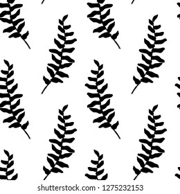 Vector seamless pattern with hand drawn black fern leaves. Ink drawing, beautiful floral design elements.