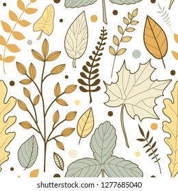 Vector seamless pattern with and hand drawn fall leaves. Autumn mood. Floral graphic design.  Hand drawn vector botany texture. Sketch style colorful background for seasonal textile, paper