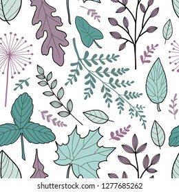 Vector seamless pattern with hand drawn fall leaves. Autumn mood. Floral graphic design.  Hand drawn vector botany texture. Sketch style colorful background for seasonal textile, paper