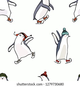 Vector seamless pattern with hand drawn cute penguins in knitted hats skating on ice. Ink drawing, funny illustration, beautiful animal design elements.