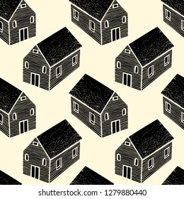 Vector seamless pattern with hand drawn rural houses with roofs. Beautiful design elements, ink drawing, logo template