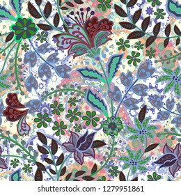 Vector seamless pattern with hand drawn henna mehndi floral elements. Beautiful colorful endless background
