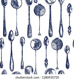 Vector seamless pattern with hand drawn silver spoons. Hand drawn with chalk vintage spoons. Beautiful kitchen design elements